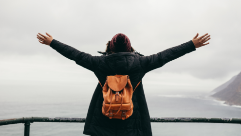 a person throwing their arms in the air at a seaside lookout
